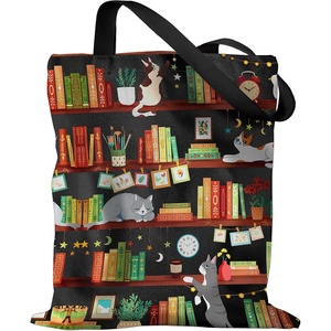 image:imageMiss Adola Aesthetic Canvas Tote Bag  Reusable Shoulder Tote Bag for Women Lady Casual Vacation Shopping Work GymBookshelf Cats