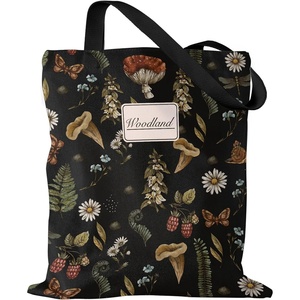 image:imageMiss Adola Aesthetic Canvas Tote Bag for Women  Sturdy Cloth Cotton Totes Bag with Pattern Shoulder BagBlack Mushroom Plants