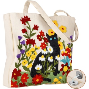 image:imageMiss Adola Aesthetic Embroidery Tote Bag for Women  Reusable Canvas Cute Shoulder Bag for Shopping Grocery Work BookFlower Cats