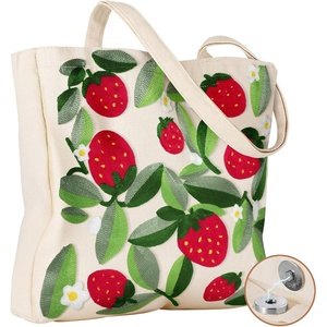 image:imageMiss Adola Aesthetic Embroidery Tote Bag for Women  Reusable Canvas Cute Shoulder Bag for Shopping Grocery Work BookLeaf Strawberry
