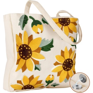 image:imageMiss Adola Aesthetic Embroidery Tote Bag for Women  Reusable Canvas Cute Shoulder Bag for Shopping Grocery Work BookSunflower