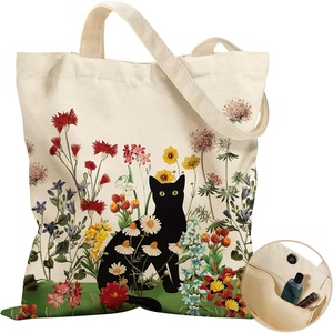image:imageMiss Adola Aesthetic Tote Bag for Women with Magnetic Buckle and Zipper Inner Pocket Cloth Cotton Canvas Tote BagsCat Flower