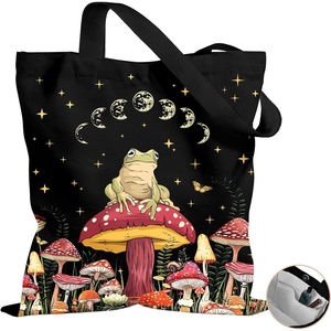image:imageMiss Adola Aesthetic Tote Bag for Women with Magnetic Buckle and Zipper Inner Pocket Cloth Cotton Canvas Tote BagsMushroom Frog