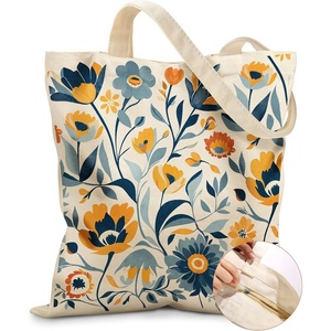 image:imageMiss Adola Canvas Tote Bag for Women  Aesthetic Canvas Bag with Zipper Cute Stylish Reusable Shoulder Totes for Shopping Work Daily Vacation Cat ReadBlue Yellow Flower