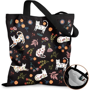 image:imageMiss Adola Canvas Tote Bag with Pockets  Aesthetic Reusable Totes for Women Ladies Cute Printed Cloths Canvas Shoulder BagBlack Flower Cats