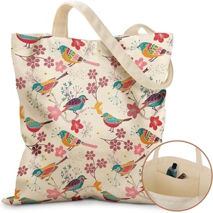 image:imageMiss Adola Canvas Tote Bag with Pockets  Aesthetic Reusable Totes for Women Ladies Cute Printed Cloths Canvas Shoulder BagFloral Bird