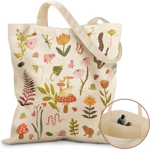 image:imageMiss Adola Canvas Tote Bag with Pockets  Aesthetic Reusable Totes for Women Ladies Cute Printed Cloths Canvas Shoulder BagFrog Mushroom
