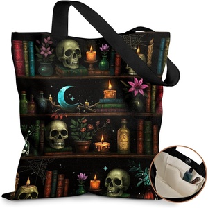 image:imageMiss Adola Cute Canvas Tote Bag for Women  with Magnetic Buckle and Zipper Inner Pocket for Girls Aesthetic Cotton Tote BagsSkull Bookshelf