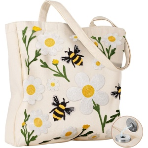 image:imageMiss Adola Embroidery Canvas Tote Bag for Women  Reusable Tote with Buckle Aesthetic Cute Shoulder Bag for Shopping GroceryFlower Bee