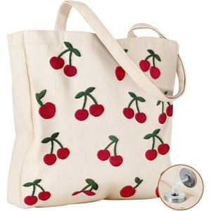 image:imageMiss Adola Embroidery Canvas Tote Bag for Women  Reusable Tote with Buckle Aesthetic Cute Shoulder Bag for Shopping GroceryLittle Cherry