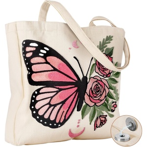 image:imageMiss Adola Embroidery Canvas Tote Bag for Women  Reusable Tote with Buckle Aesthetic Cute Shoulder Bag for Shopping GroceryRose Butterfly