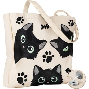 image:imageMiss Adola Embroidery Canvas Tote Bag for Women  Reusable Tote with Buckle Aesthetic Cute Shoulder Bag for Shopping GroceryThree Cats