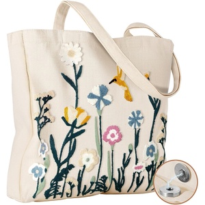 image:imageMiss Adola Embroidery Canvas Tote Bag for Women  Reusable Tote with Buckle Aesthetic Cute Shoulder Bag for Shopping GroceryWatercolor Flower