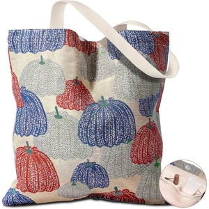 image:imageMiss Adola Embroidery Tote Bag for Women  Aesthetic Canvas Bag with Pocket Reusable ToteBag for Work ShoppingPumpkin