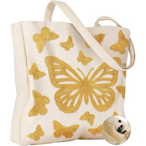 image:imageMiss Adola Embroidery Tote Bag with Pocket amp Buckle  Reusable Canvas Tote for Women Cute Aesthetic Work Shopping Grocery BagButterfly