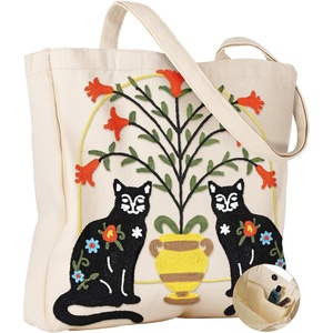 image:imageMiss Adola Embroidery Tote Bag with Pocket amp Buckle  Reusable Canvas Tote for Women Cute Aesthetic Work Shopping Grocery BagCat