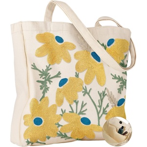 image:imageMiss Adola Embroidery Tote Bag with Pocket amp Buckle  Reusable Canvas Tote for Women Cute Aesthetic Work Shopping Grocery BagDaisy