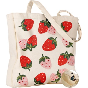 image:imageMiss Adola Embroidery Tote Bag with Pocket amp Buckle  Reusable Canvas Tote for Women Cute Aesthetic Work Shopping Grocery BagStrawberry