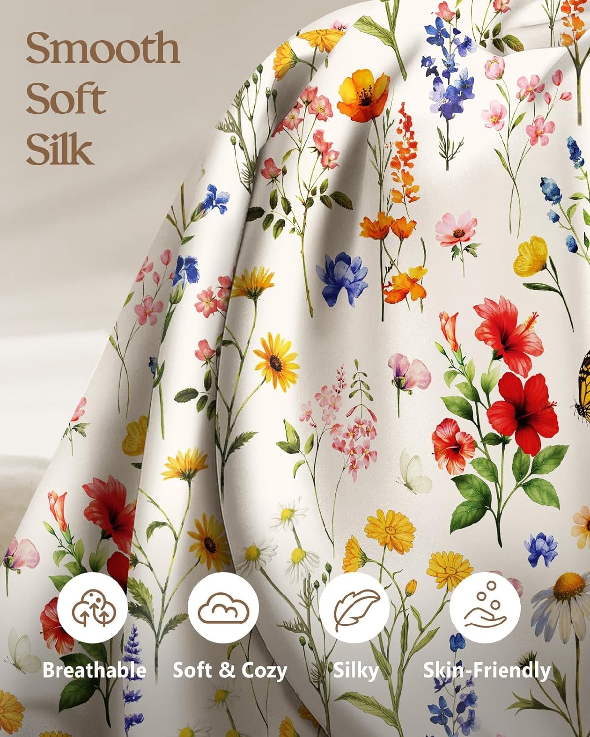 image:imageMiss Adola 2 Pack Mulberry Silk Pillowcase for Hair and Skin Standard Size 20 x 26 Inches with Hidden Zipper Watercolor Strawberry 19 Momme Soft Sleeping Silk Pillow Case for Women MomsBeige Flower