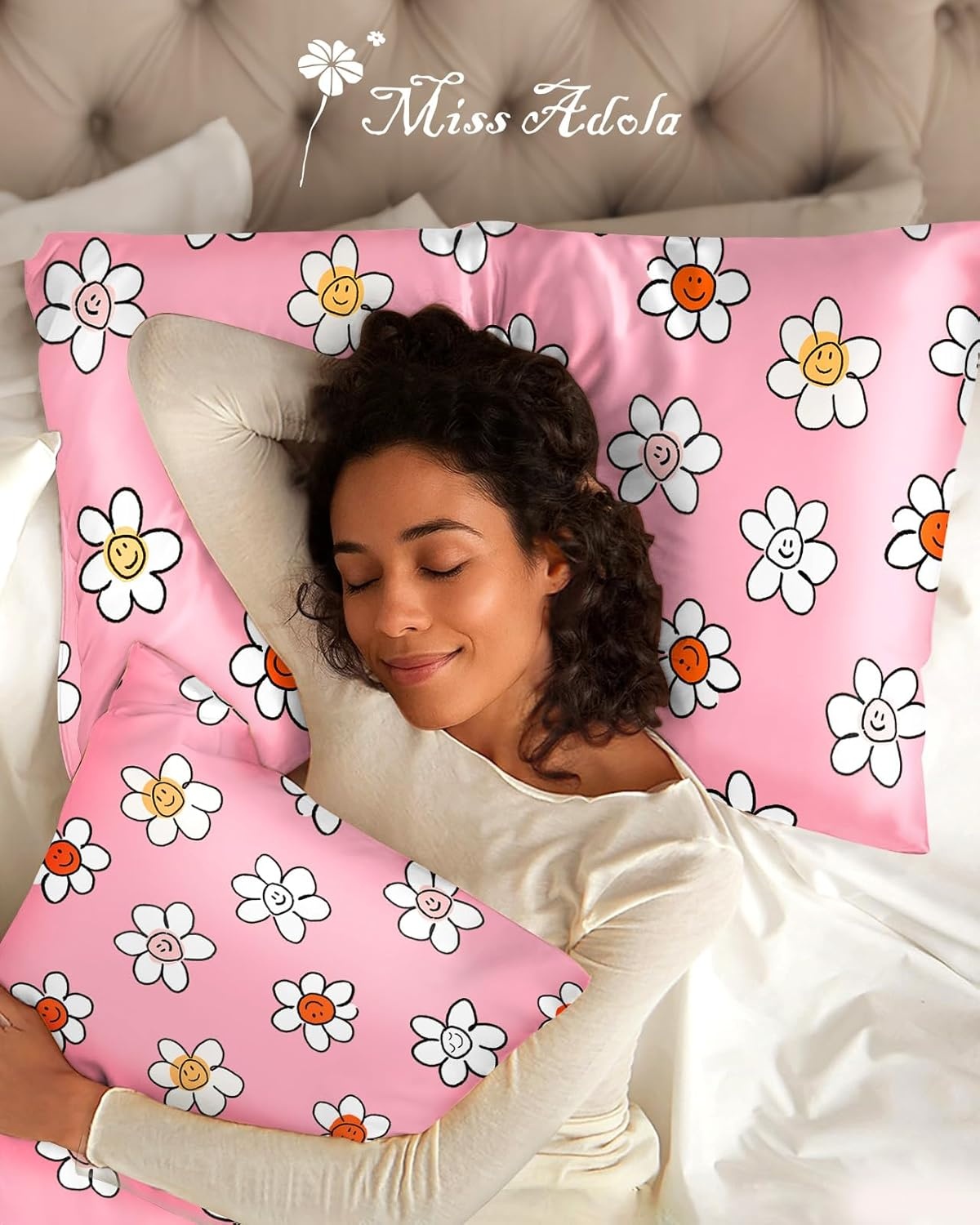 image:imageMiss Adola 2 Pack Mulberry Silk Pillowcase for Hair and Skin Standard Size 20 x 26 Inches with Hidden Zipper Watercolor Strawberry 19 Momme Soft Sleeping Silk Pillow Case for Women MomsPk Laugh Flower