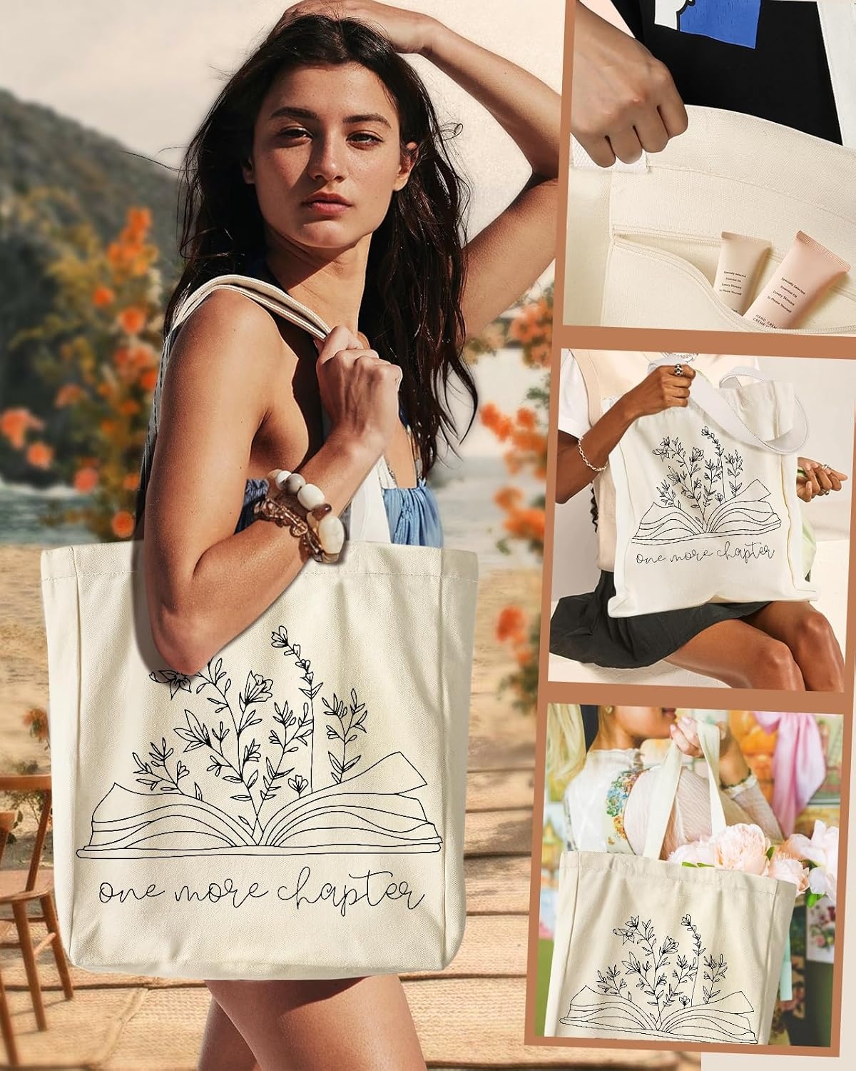 image:imageMiss Adola Aesthetic Heavy Canvas Tote Bag with Pocket for Women Cloth Gusseted Totes Bag with Pattern for ShoppingBookish Flower