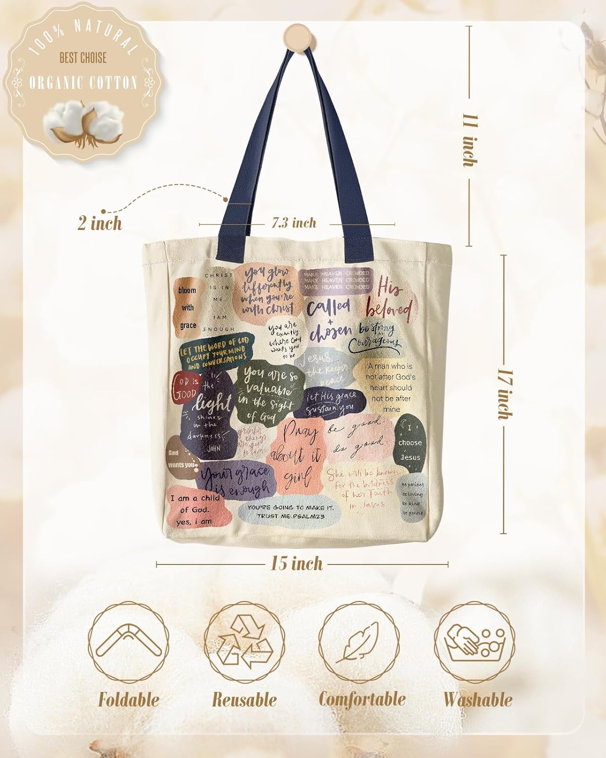 image:imageMiss Adola Aesthetic Heavy Canvas Tote Bag with Pocket for Women Cloth Gusseted Totes Bag with Pattern for ShoppingChristian Quotes