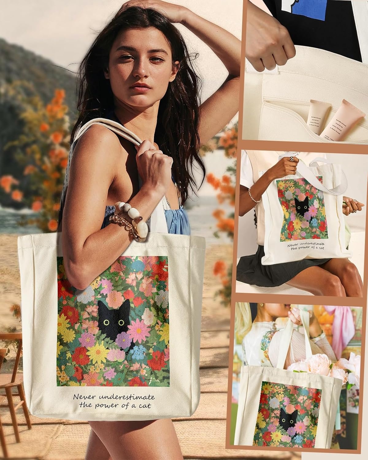 image:imageMiss Adola Aesthetic Heavy Canvas Tote Bag with Pocket for Women Cloth Gusseted Totes Bag with Pattern for ShoppingFloral Cat