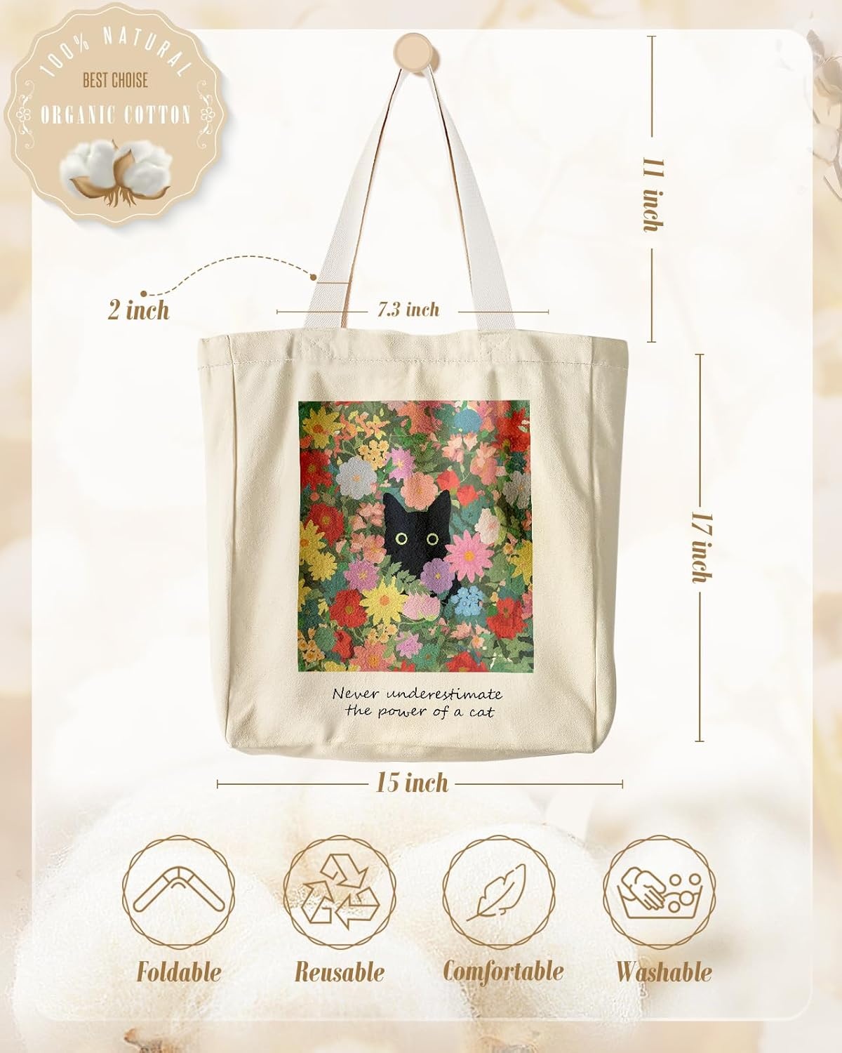 image:imageMiss Adola Aesthetic Heavy Canvas Tote Bag with Pocket for Women Cloth Gusseted Totes Bag with Pattern for ShoppingFloral Cat