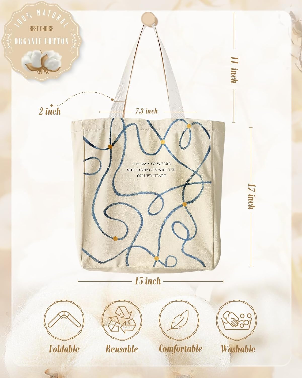 image:imageMiss Adola Aesthetic Heavy Canvas Tote Bag with Pocket for Women Cloth Gusseted Totes Bag with Pattern for ShoppingLine Map