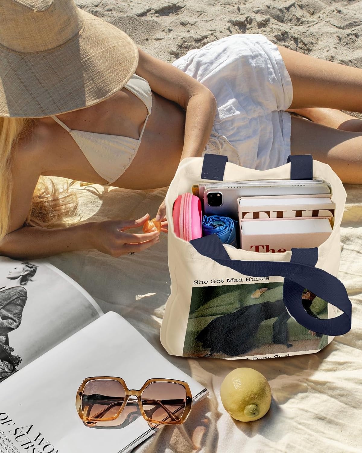 image:imageMiss Adola Aesthetic Heavy Canvas Tote Bag with Pocket for Women Cloth Gusseted Totes Bag with Pattern for ShoppingLying Woman