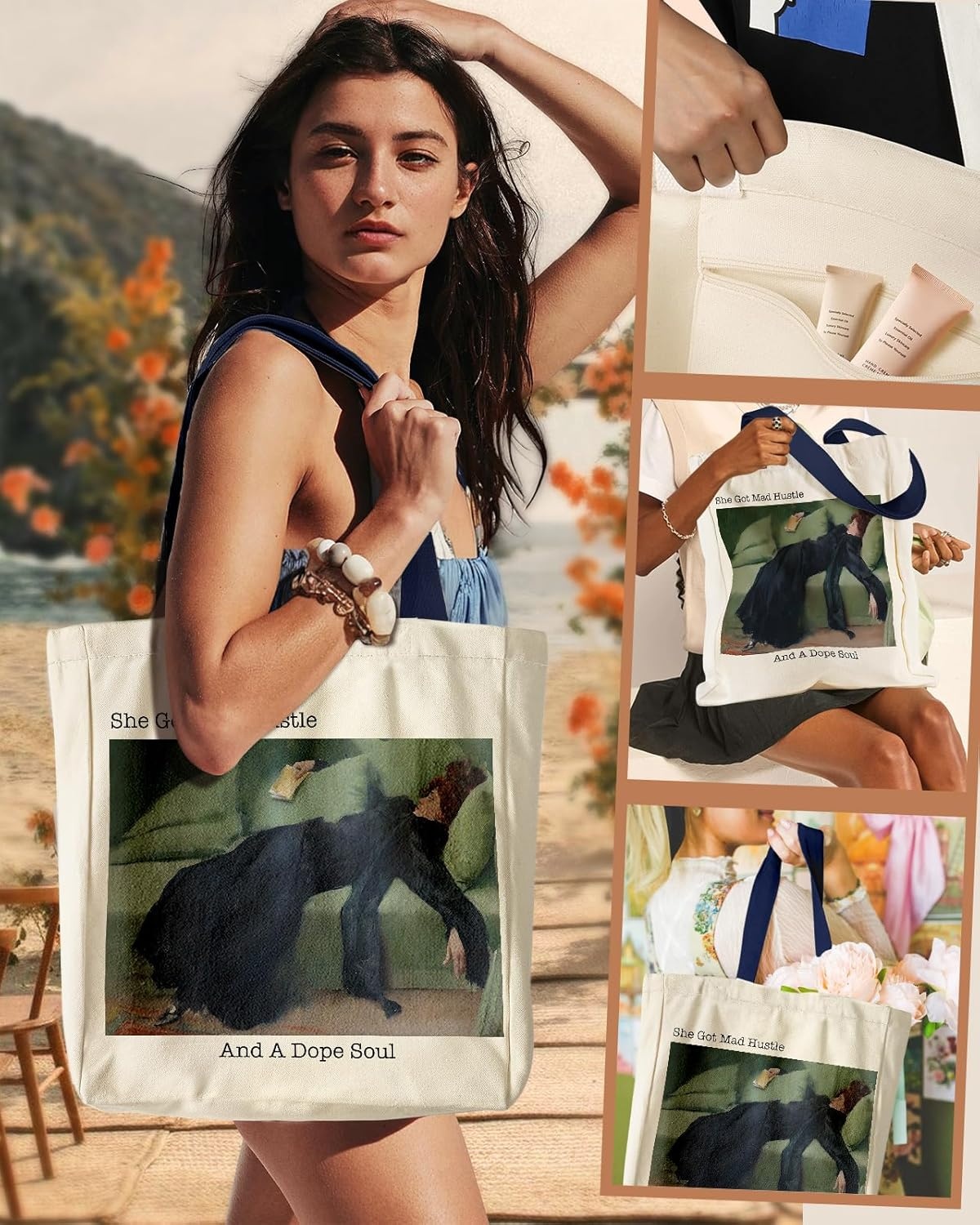 image:imageMiss Adola Aesthetic Heavy Canvas Tote Bag with Pocket for Women Cloth Gusseted Totes Bag with Pattern for ShoppingLying Woman