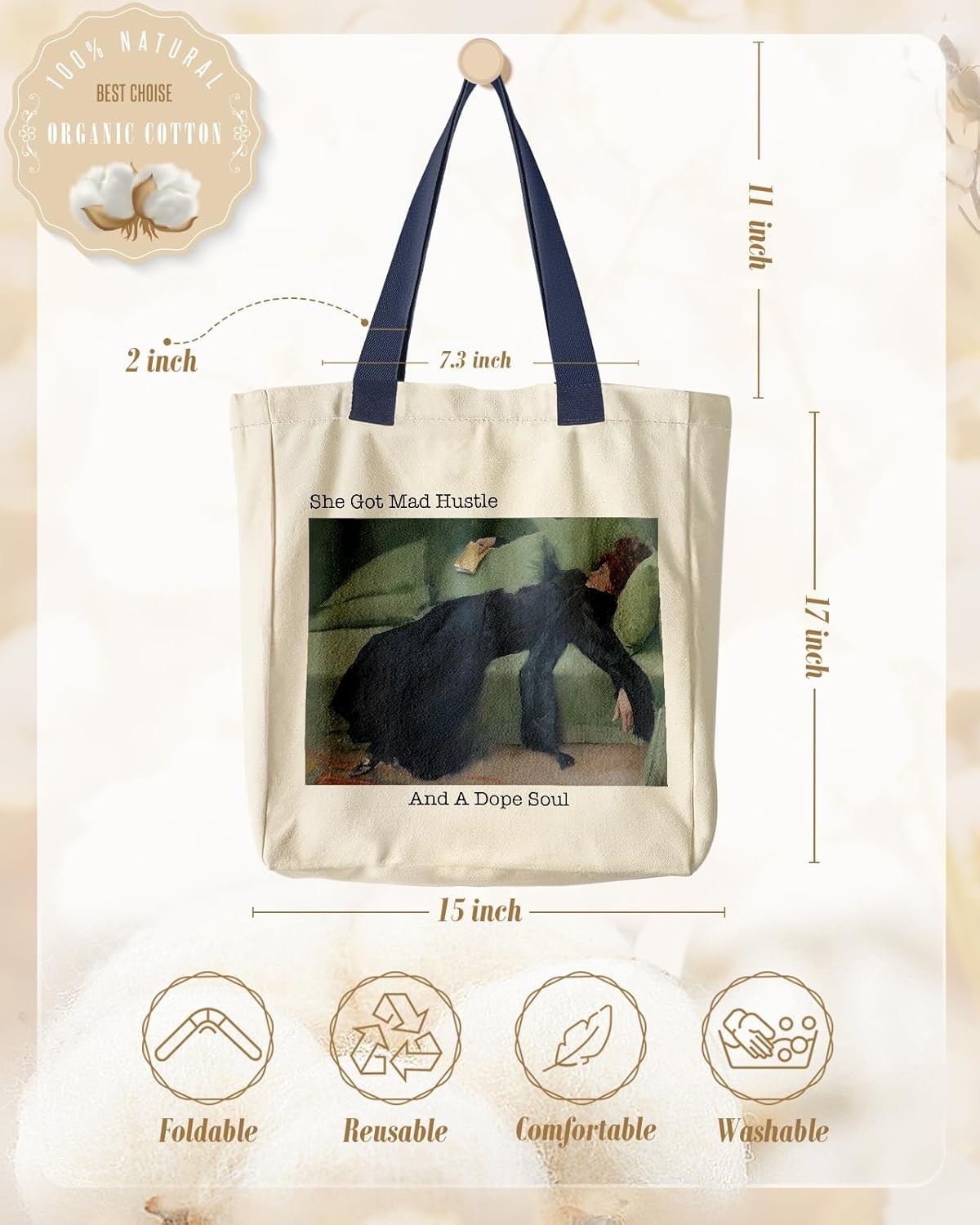 image:imageMiss Adola Aesthetic Heavy Canvas Tote Bag with Pocket for Women Cloth Gusseted Totes Bag with Pattern for ShoppingLying Woman