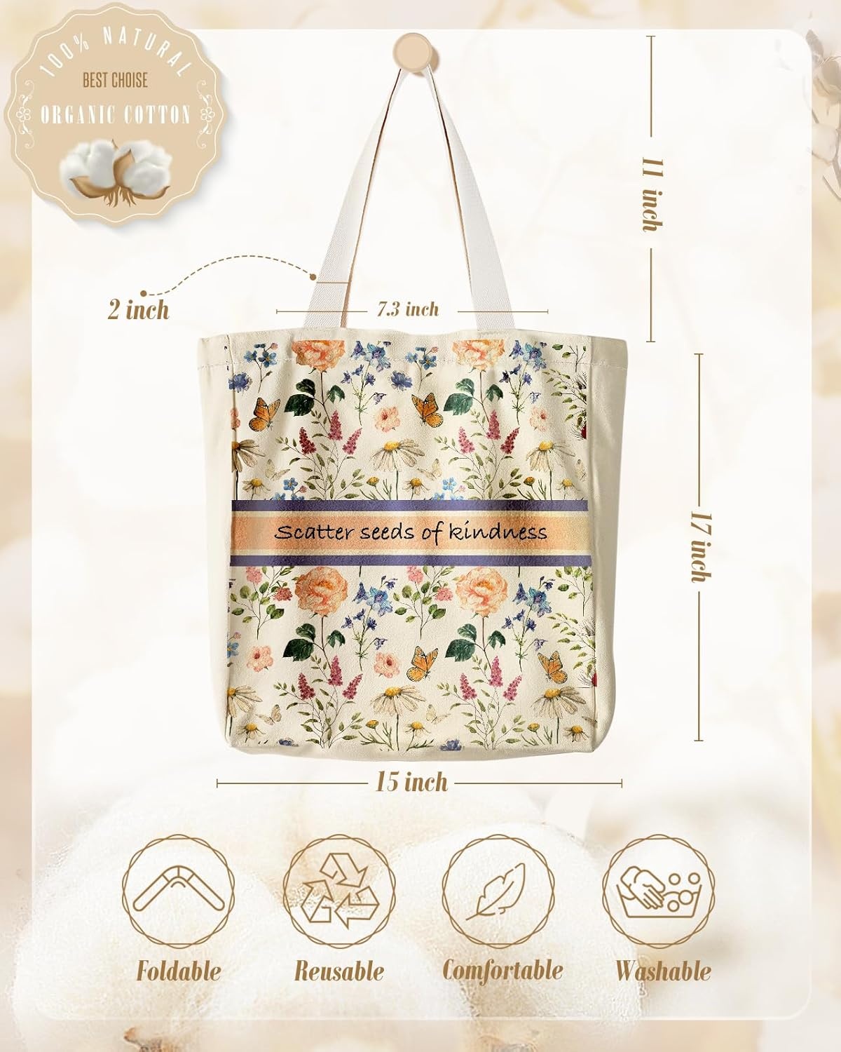image:imageMiss Adola Aesthetic Heavy Canvas Tote Bag with Pocket for Women Cloth Gusseted Totes Bag with Pattern for ShoppingSeeds of Kindness