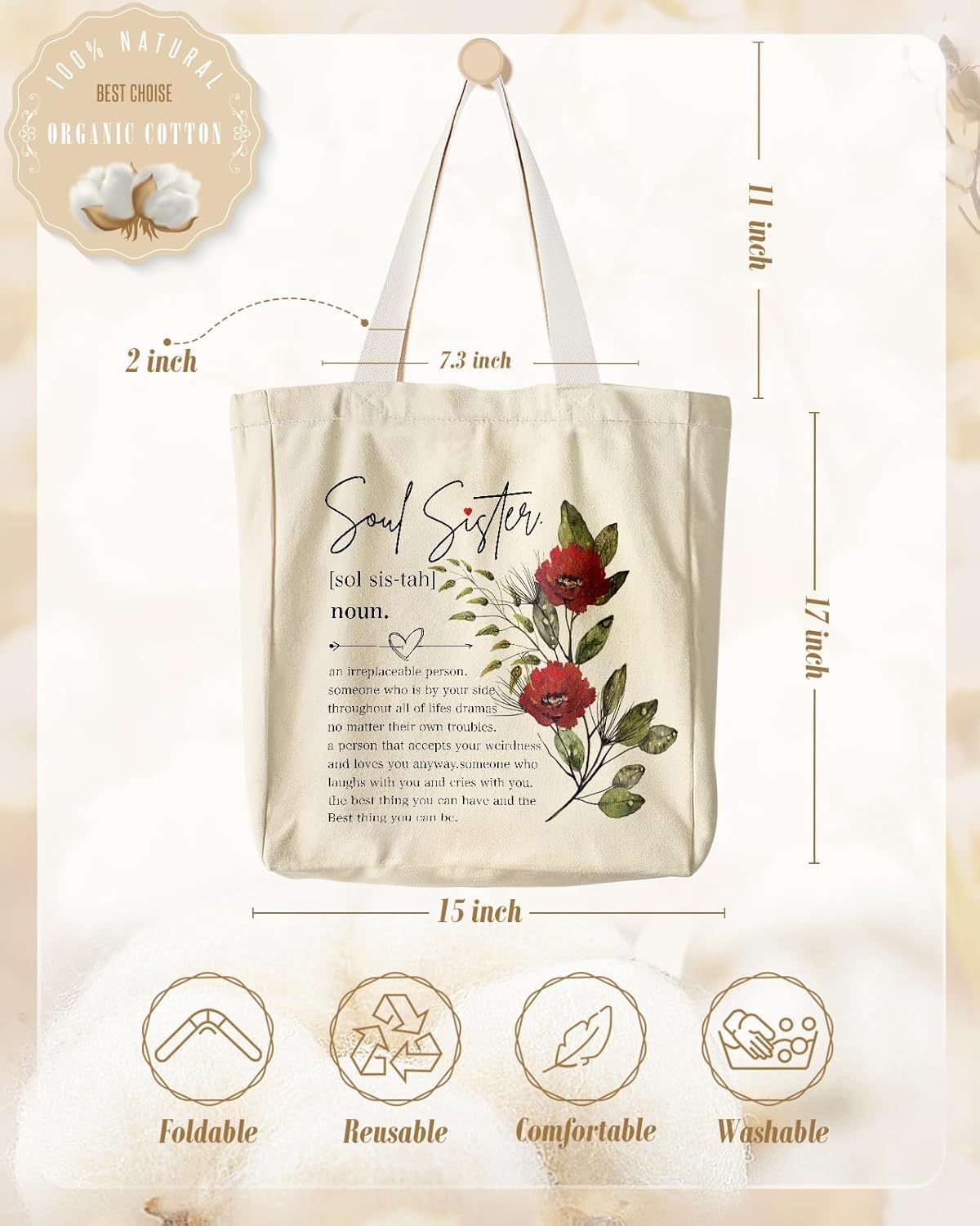 image:imageMiss Adola Aesthetic Heavy Canvas Tote Bag with Pocket for Women Cloth Gusseted Totes Bag with Pattern for ShoppingSister Flower