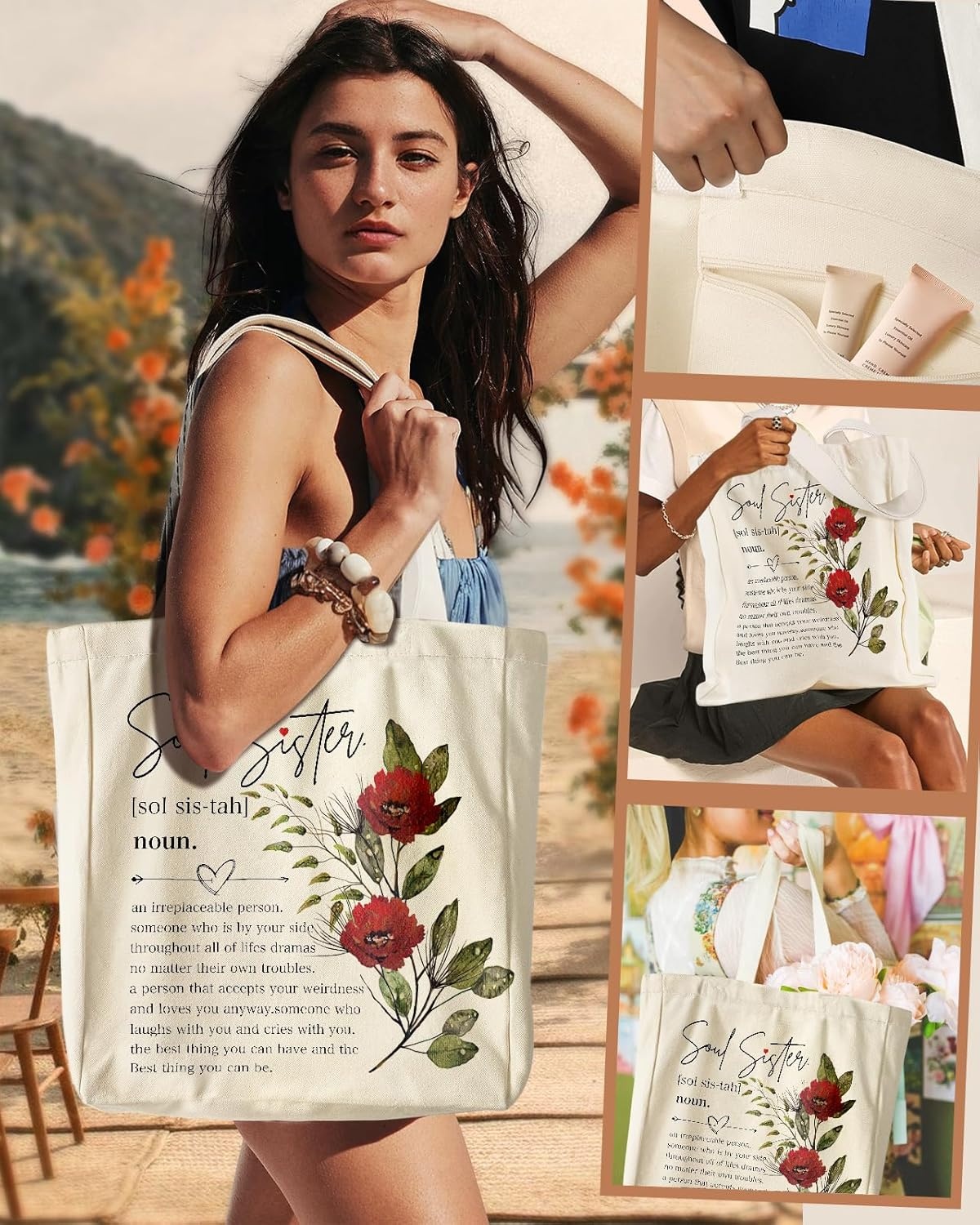 image:imageMiss Adola Aesthetic Heavy Canvas Tote Bag with Pocket for Women Cloth Gusseted Totes Bag with Pattern for ShoppingSister Flower