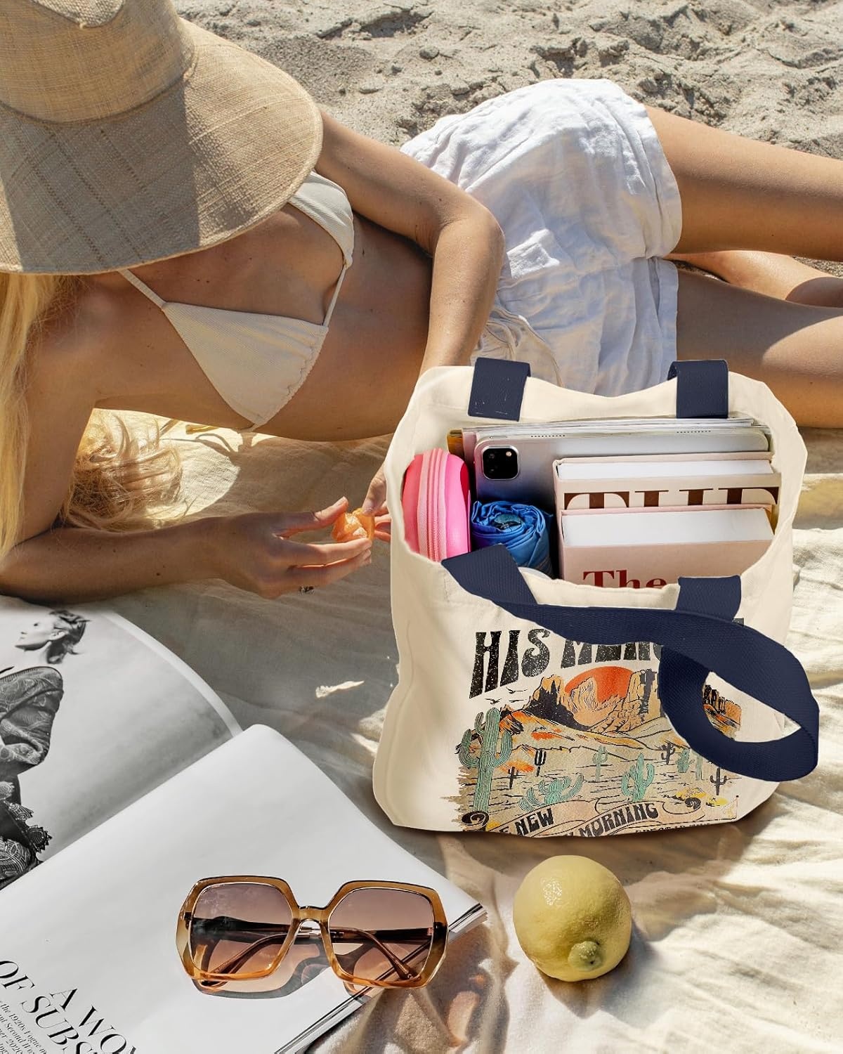 image:imageMiss Adola Aesthetic Heavy Canvas Tote Bag with Pocket for Women Cloth Gusseted Totes Bag with Pattern for ShoppingWestern Cosmetic