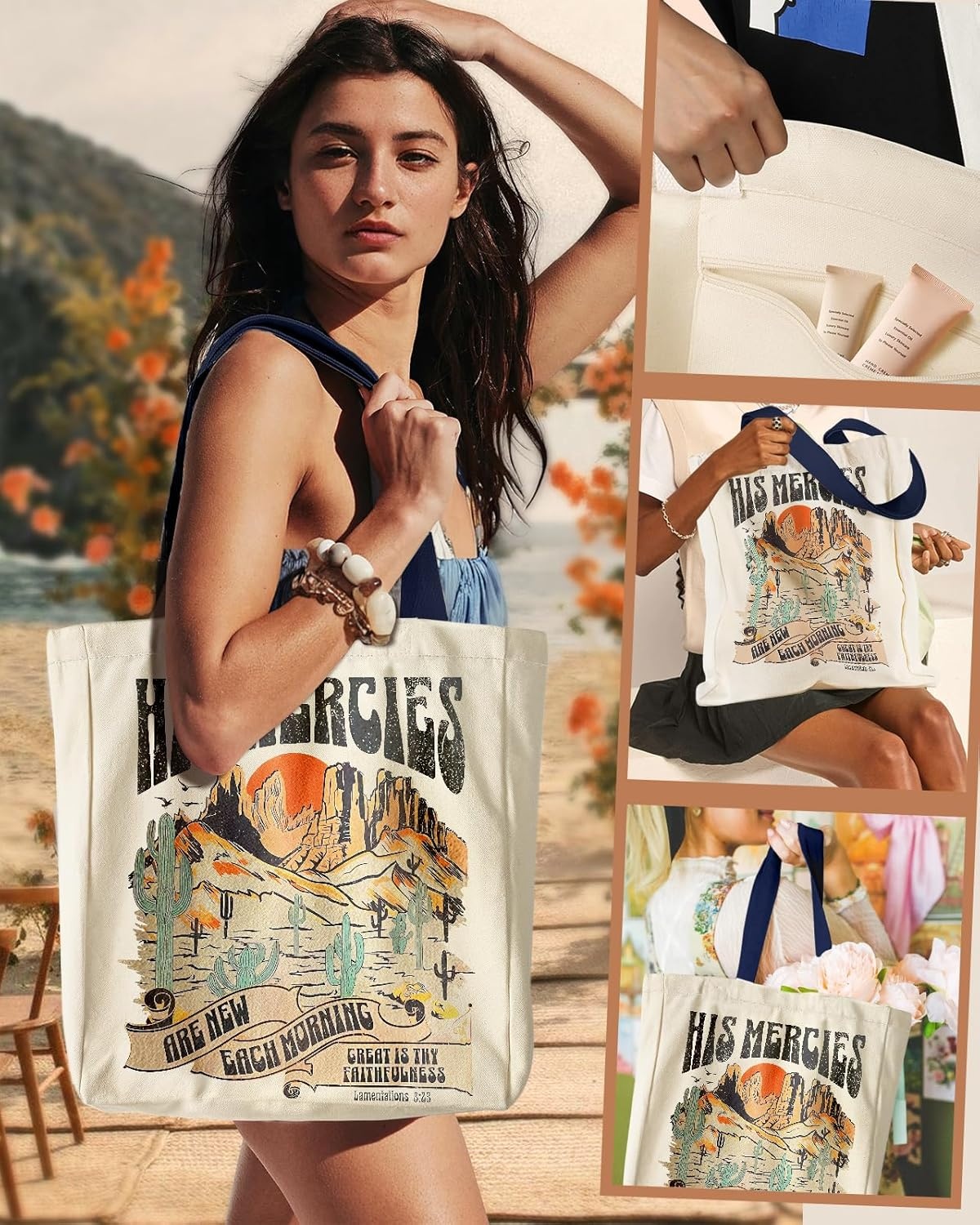 image:imageMiss Adola Aesthetic Heavy Canvas Tote Bag with Pocket for Women Cloth Gusseted Totes Bag with Pattern for ShoppingWestern Cosmetic