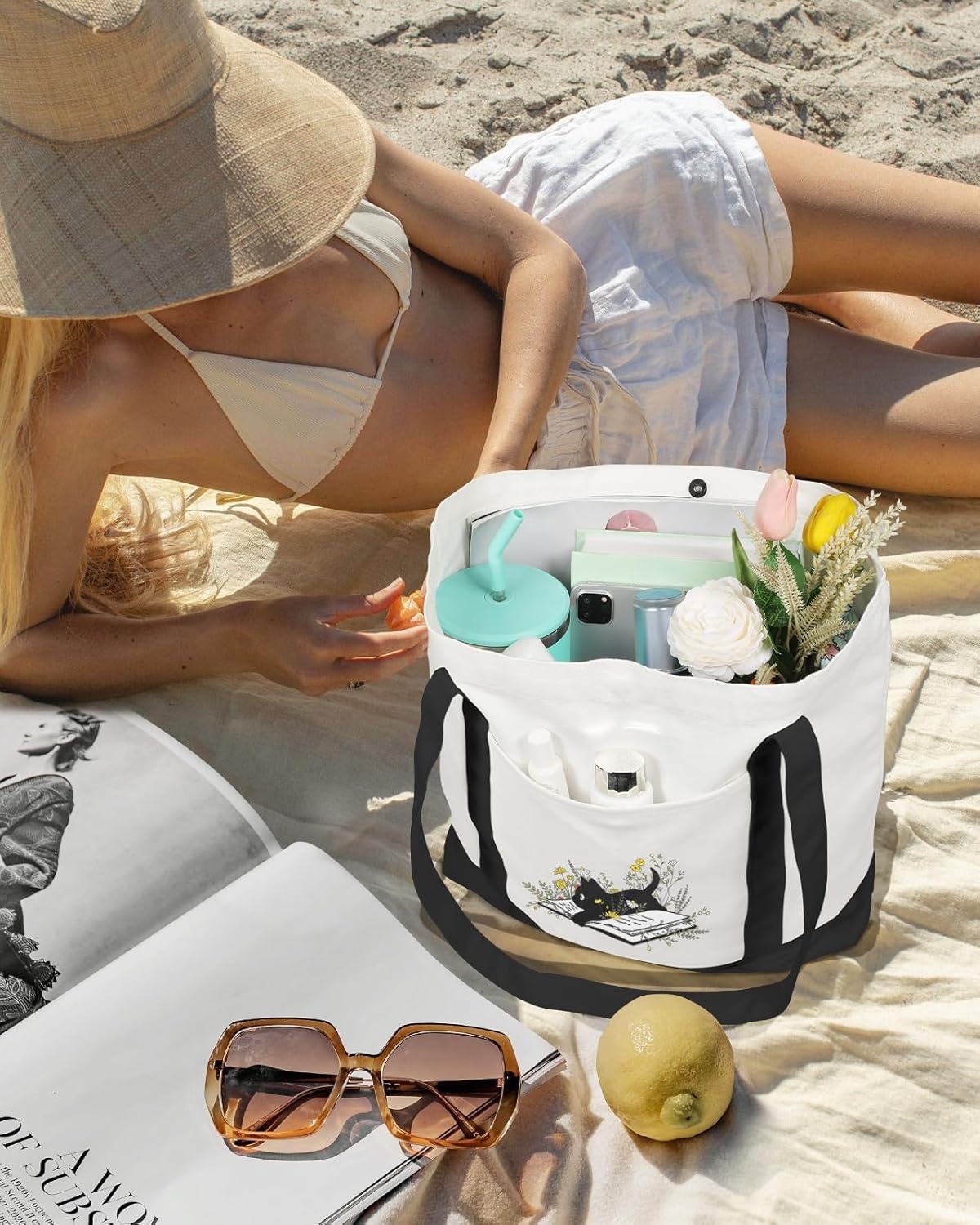 image:imageMiss Adola Large Canvas Tote Bag Zipper Closure Outside Pocket Size 17514 Aesthetic Boat Bag for Women CottonBlack Cat