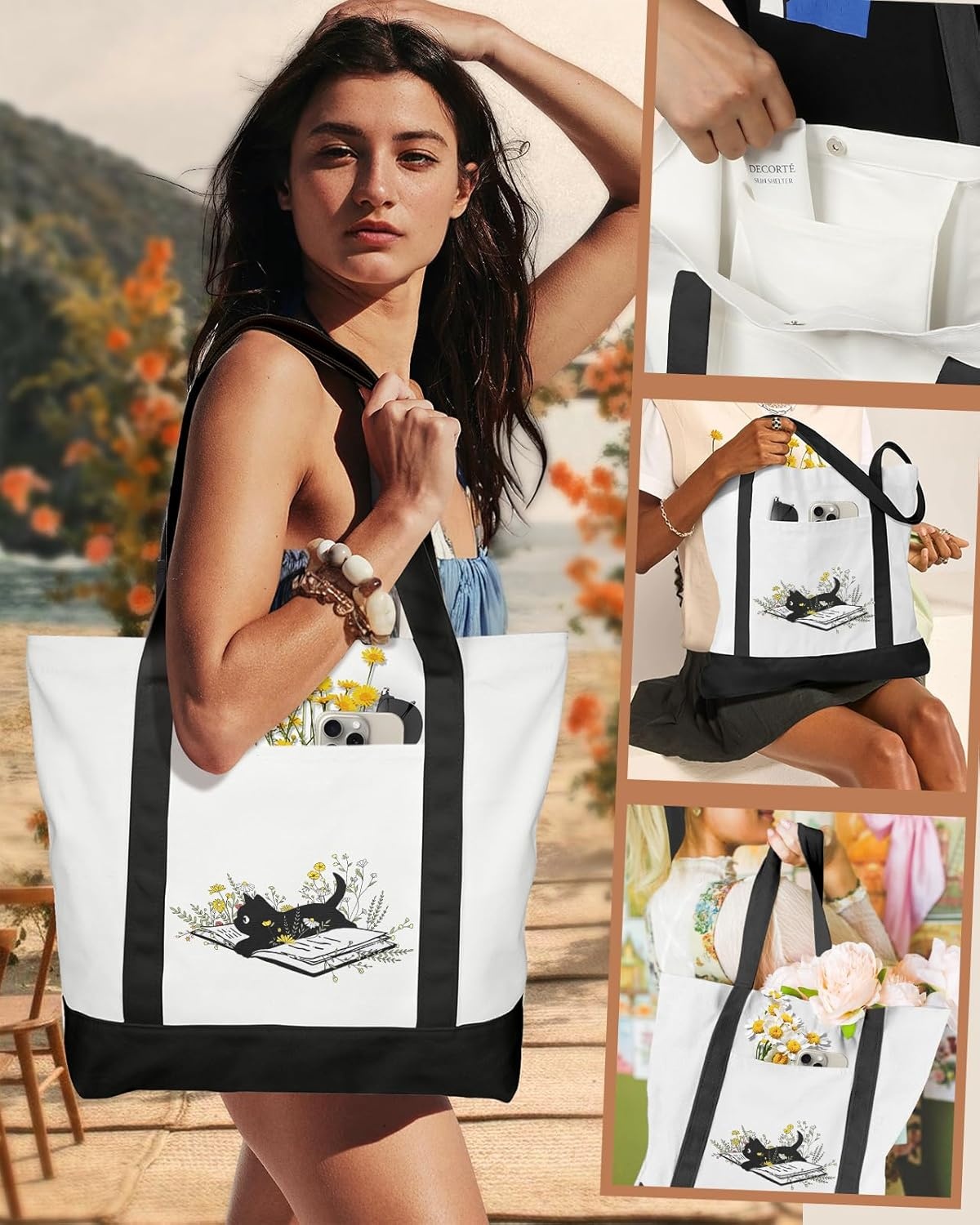 image:imageMiss Adola Large Canvas Tote Bag Zipper Closure Outside Pocket Size 17514 Aesthetic Boat Bag for Women CottonBlack Cat