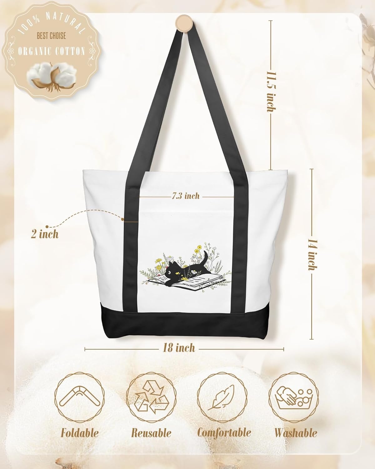 image:imageMiss Adola Large Canvas Tote Bag Zipper Closure Outside Pocket Size 17514 Aesthetic Boat Bag for Women CottonBlack Cat