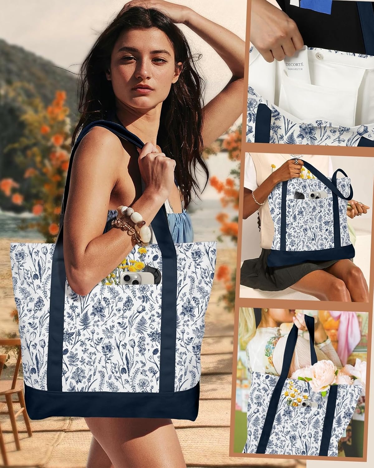 image:imageMiss Adola Large Canvas Tote Bag Zipper Closure Outside Pocket Size 17514 Aesthetic Boat Bag for Women CottonBlue Line Flower