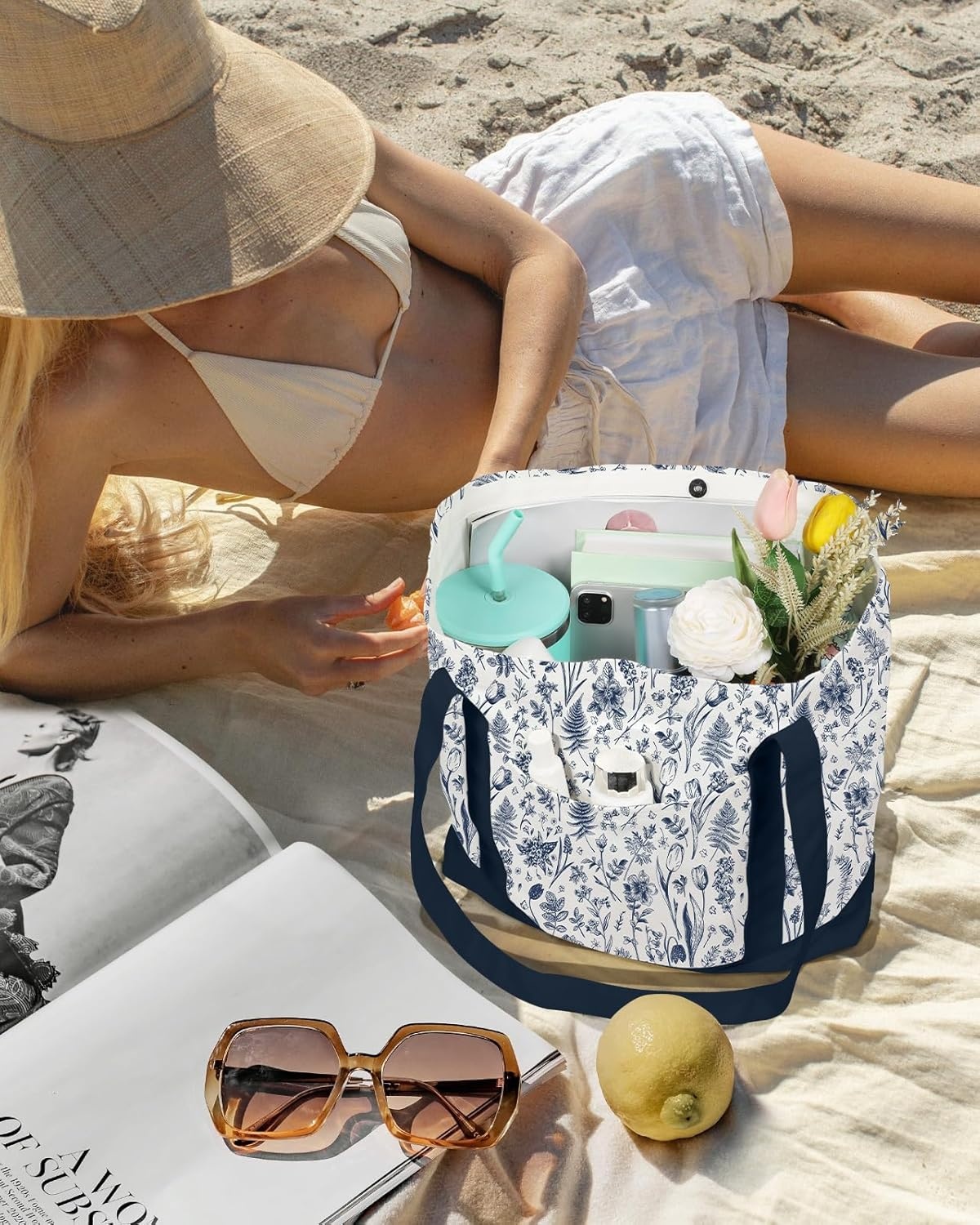 image:imageMiss Adola Large Canvas Tote Bag Zipper Closure Outside Pocket Size 17514 Aesthetic Boat Bag for Women CottonBlue Line Flower