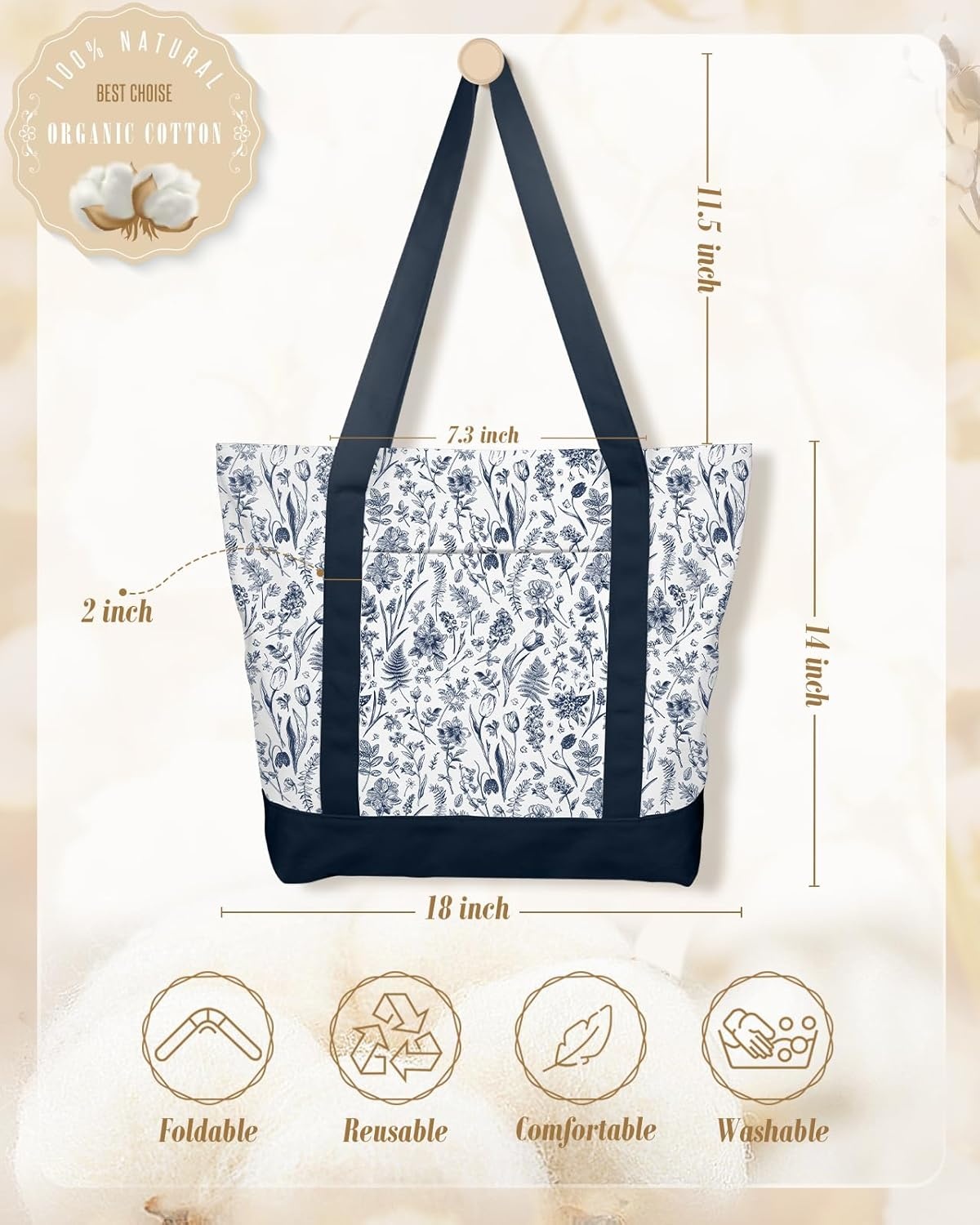 image:imageMiss Adola Large Canvas Tote Bag Zipper Closure Outside Pocket Size 17514 Aesthetic Boat Bag for Women CottonBlue Line Flower