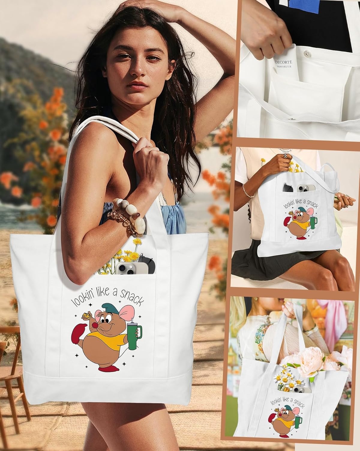 image:imageMiss Adola Large Canvas Tote Bag Zipper Closure Outside Pocket Size 17514 Aesthetic Boat Bag for Women CottonCheese