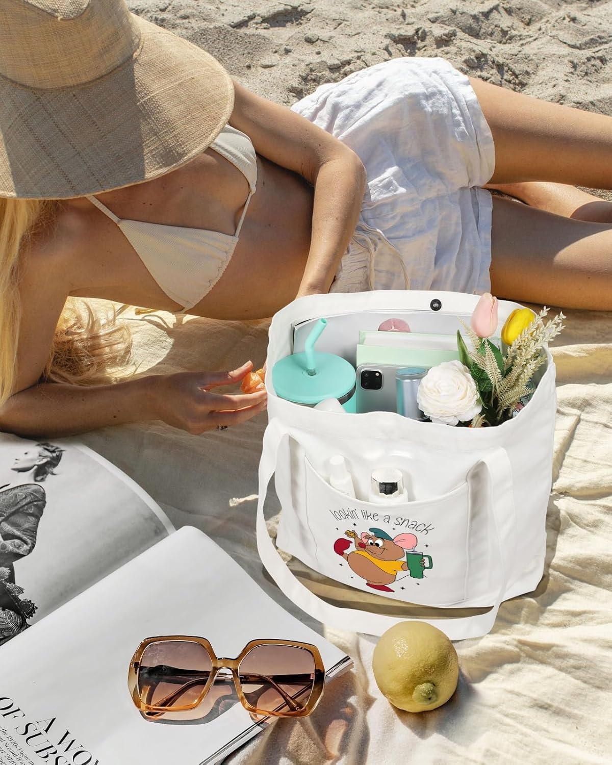 image:imageMiss Adola Large Canvas Tote Bag Zipper Closure Outside Pocket Size 17514 Aesthetic Boat Bag for Women CottonCheese