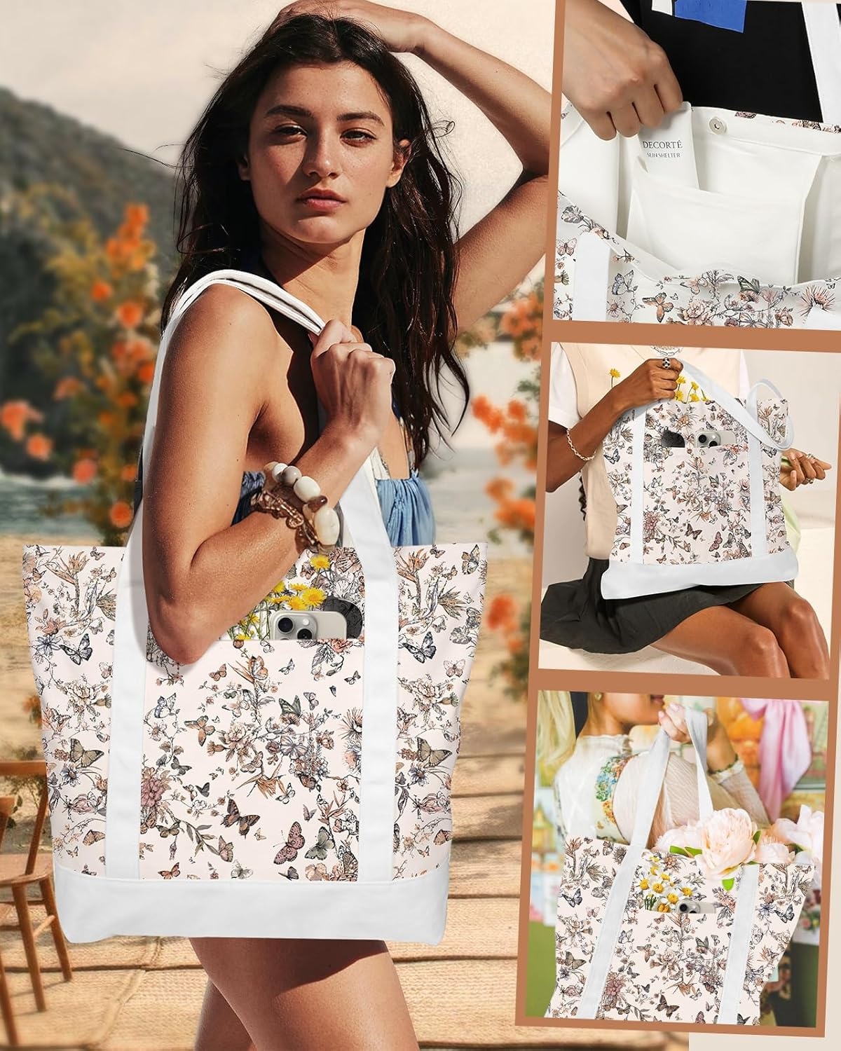 image:imageMiss Adola Large Canvas Tote Bag Zipper Closure Outside Pocket Size 17514 Aesthetic Boat Bag for Women CottonFull Butterfly