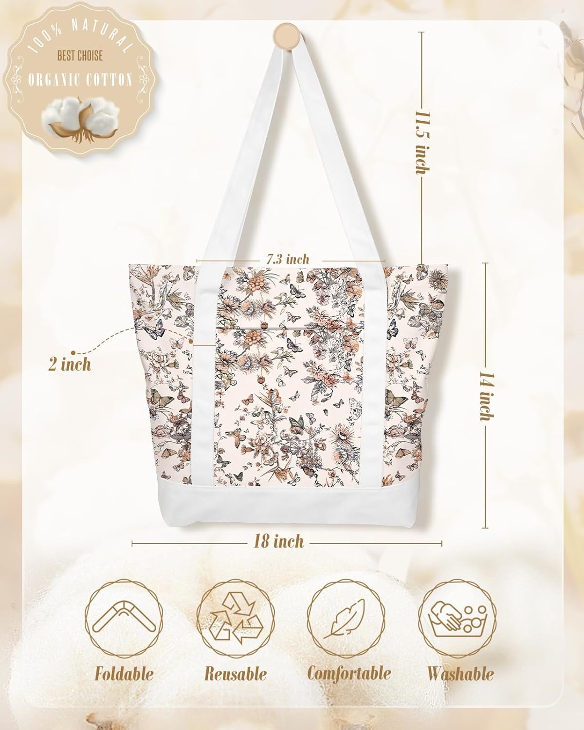 image:imageMiss Adola Large Canvas Tote Bag Zipper Closure Outside Pocket Size 17514 Aesthetic Boat Bag for Women CottonFull Butterfly