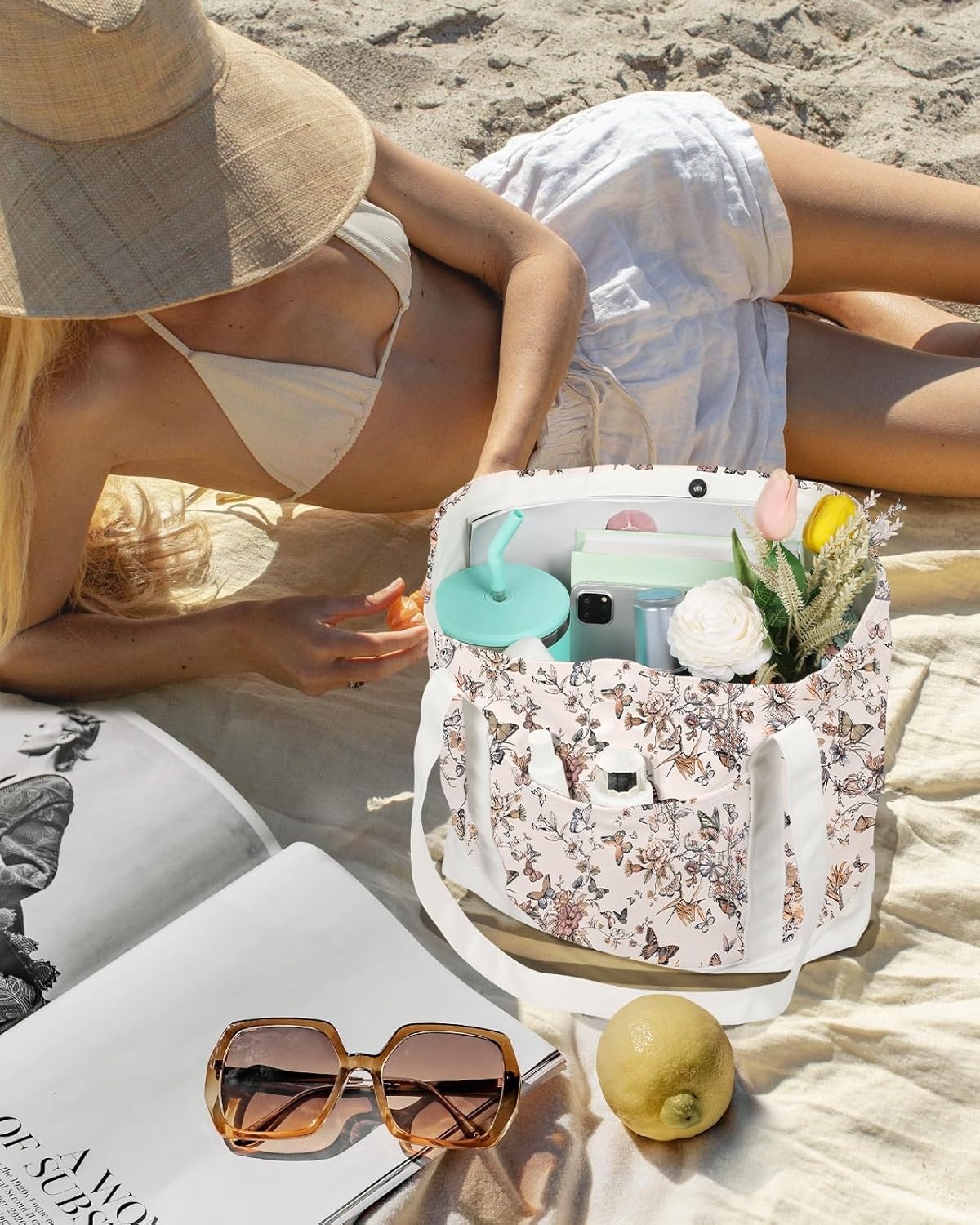 image:imageMiss Adola Large Canvas Tote Bag Zipper Closure Outside Pocket Size 17514 Aesthetic Boat Bag for Women CottonFull Butterfly