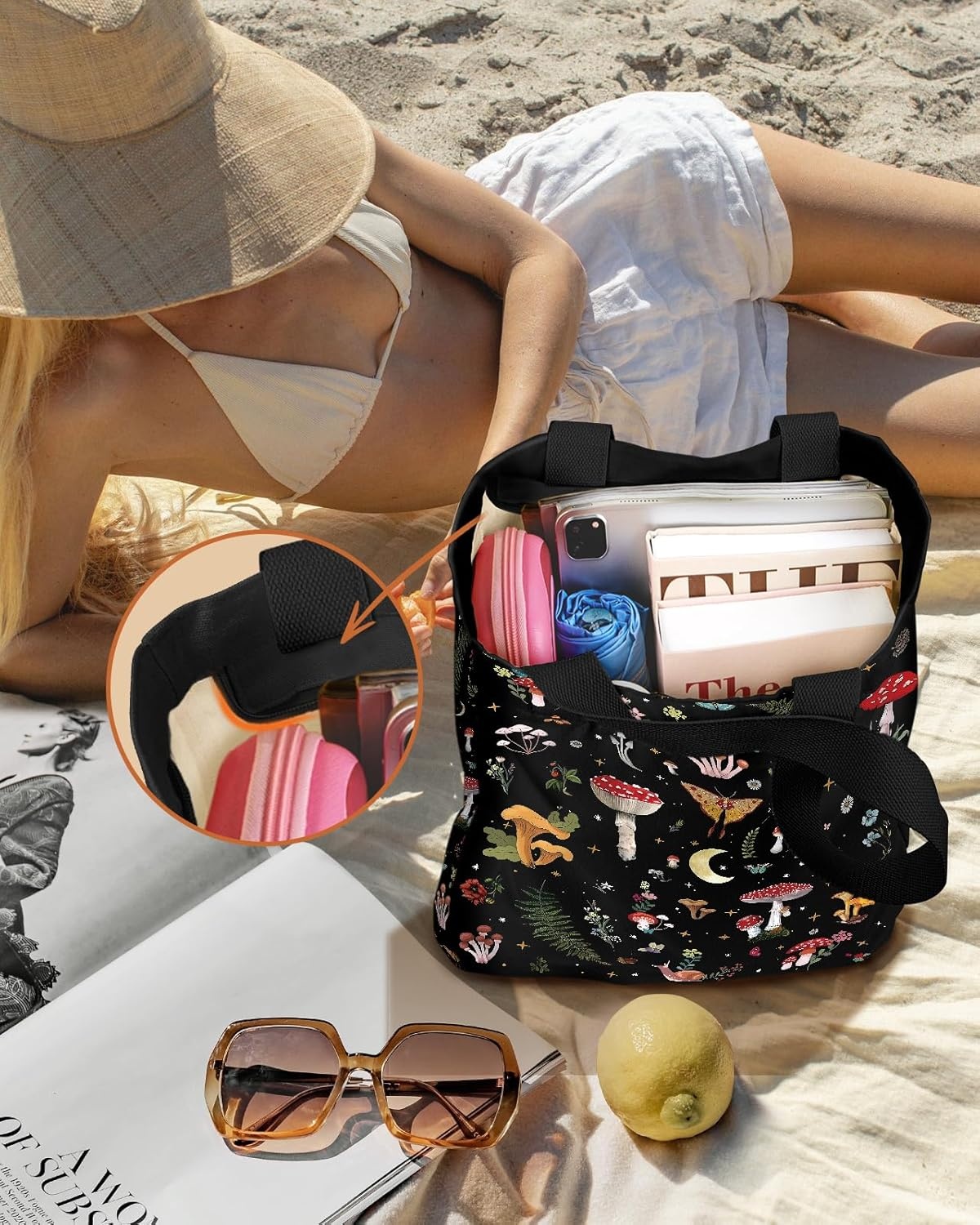 image:imageMiss Adola Large Canvas Tote Bag for Women with Zipper and Inner Pocket Aesthetic Cute Shoulder Bag for Shopping DailyBlack Mushroom