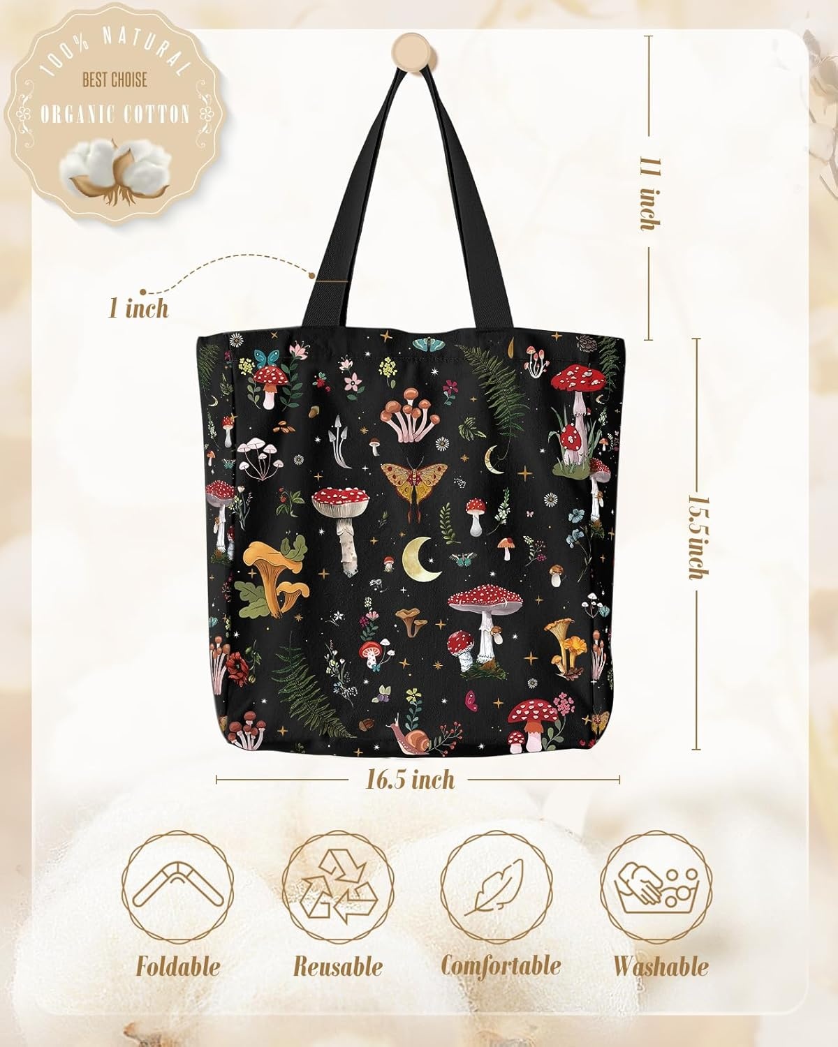 image:imageMiss Adola Large Canvas Tote Bag for Women with Zipper and Inner Pocket Aesthetic Cute Shoulder Bag for Shopping DailyBlack Mushroom